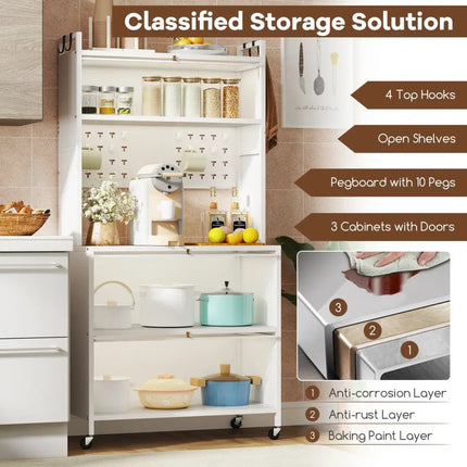 5 Tier Kitchen Bakers Rack with Lights Multifunctional Microwave Stand with Flip Door Cabinets-White - White