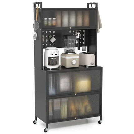 5 Tier Kitchen Bakers Rack with Lights Multifunctional Microwave Stand with Flip Door Cabinets-Black - Black