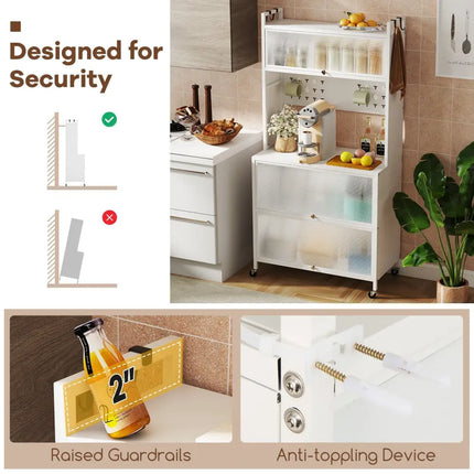 5 Tier Kitchen Bakers Rack with Lights Multifunctional Microwave Stand with Flip Door Cabinets-White - White