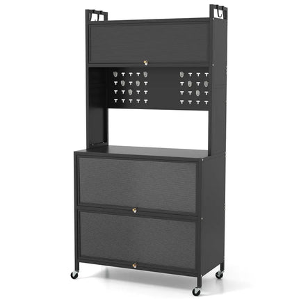5 Tier Kitchen Bakers Rack with Lights Multifunctional Microwave Stand with Flip Door Cabinets-Black - Black
