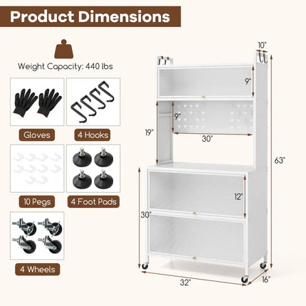 5 Tier Kitchen Bakers Rack with Lights Multifunctional Microwave Stand with Flip Door Cabinets-White - White