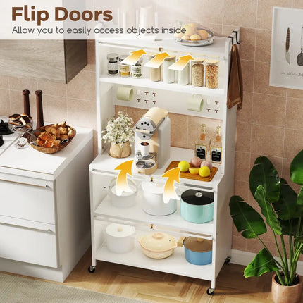 5 Tier Kitchen Bakers Rack with Lights Multifunctional Microwave Stand with Flip Door Cabinets-White - White