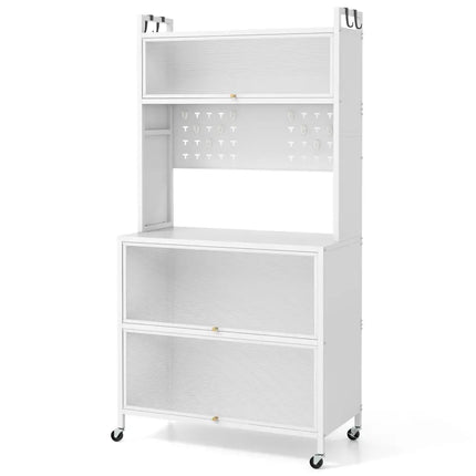 5 Tier Kitchen Bakers Rack with Lights Multifunctional Microwave Stand with Flip Door Cabinets-White - White