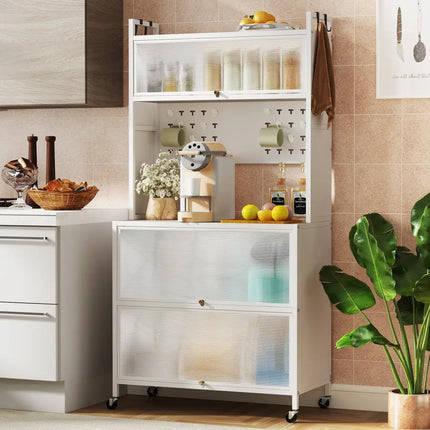 5 Tier Kitchen Bakers Rack with Lights Multifunctional Microwave Stand with Flip Door Cabinets-White - White