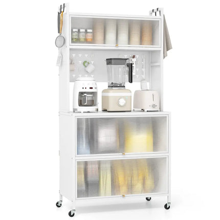 5 Tier Kitchen Bakers Rack with Lights Multifunctional Microwave Stand with Flip Door Cabinets-White - White