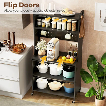 5 Tier Kitchen Bakers Rack with Lights Multifunctional Microwave Stand with Flip Door Cabinets-Black - Black