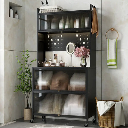 5 Tier Kitchen Bakers Rack with Lights Multifunctional Microwave Stand with Flip Door Cabinets-Black - Black