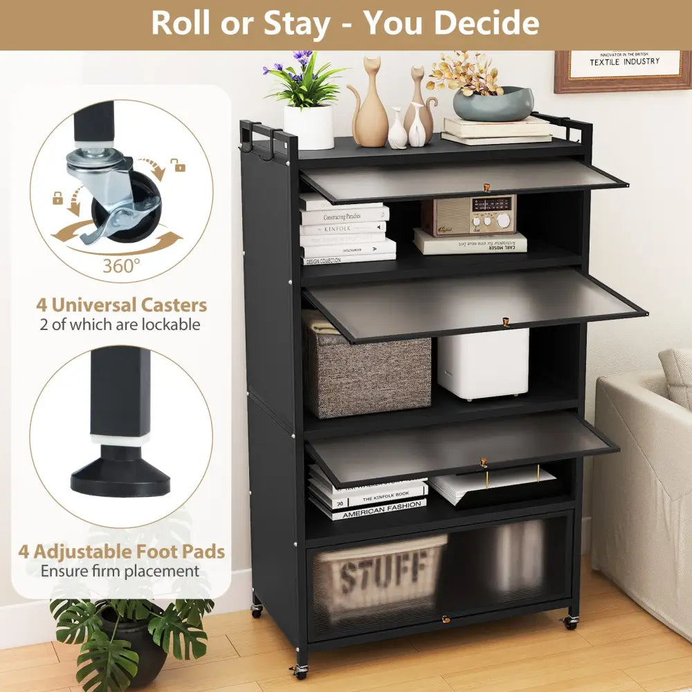 5-Tier Kitchen Storage Cabinet with 4 Flip-up Doors-Black - Black - Sideboards Cabinets & Buffets