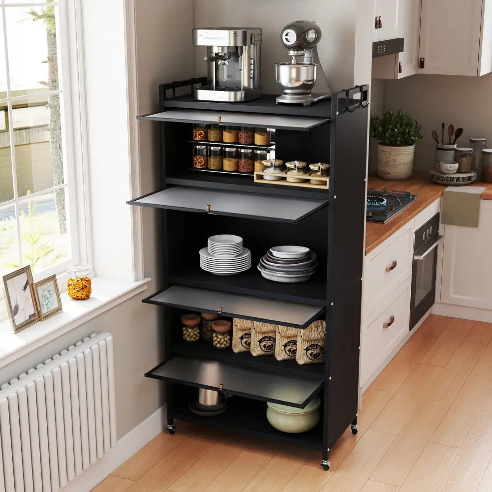 5-Tier Kitchen Storage Cabinet with 4 Flip-up Doors-Black - Black - Sideboards Cabinets & Buffets
