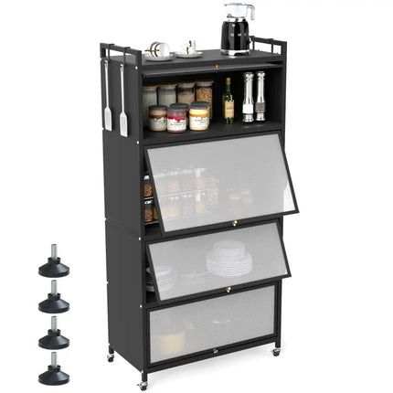 5-Tier Kitchen Storage Cabinet with 4 Flip-up Doors-Black - Black - Sideboards Cabinets & Buffets