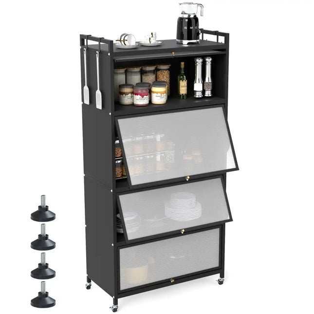 5-Tier Kitchen Storage Cabinet with 4 Flip-up Doors-Black - Black - Sideboards Cabinets & Buffets