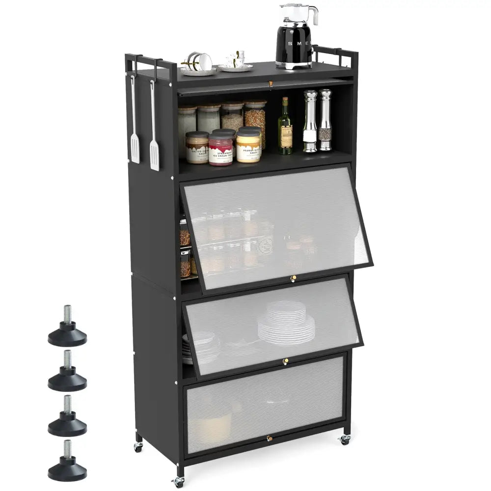 5-Tier Kitchen Storage Cabinet with 4 Flip-up Doors-Black - Black - Sideboards Cabinets & Buffets