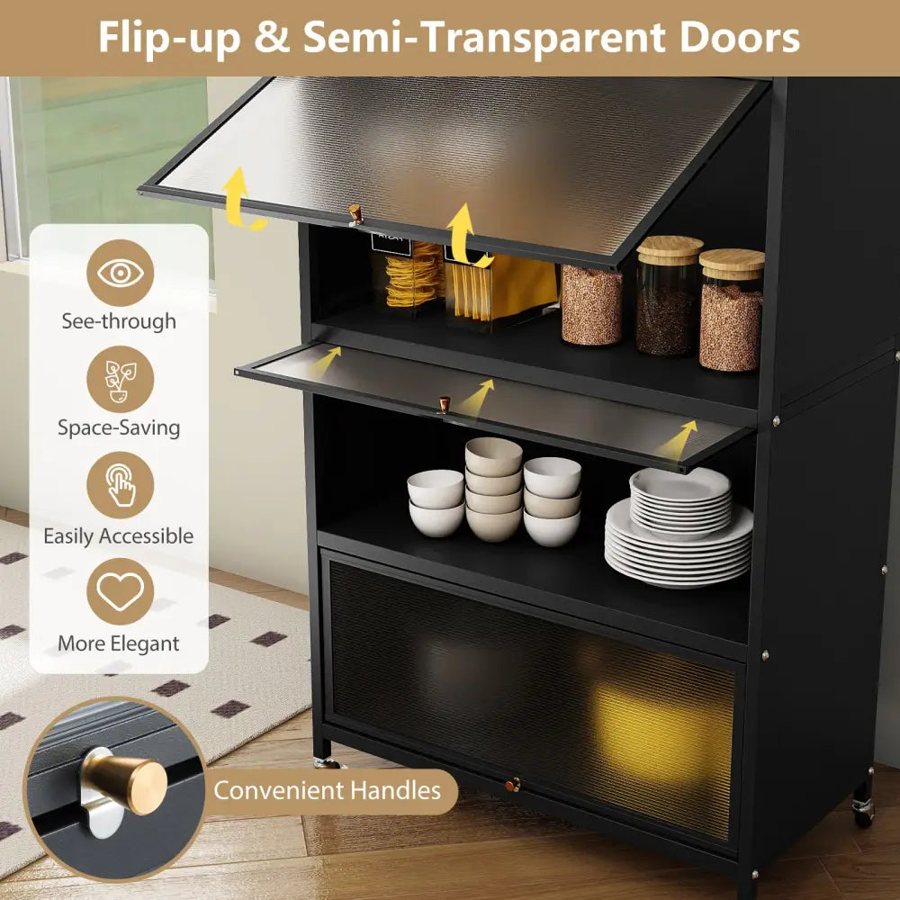 5-Tier Kitchen Storage Cabinet with 4 Flip-up Doors-Black - Black - Sideboards Cabinets & Buffets