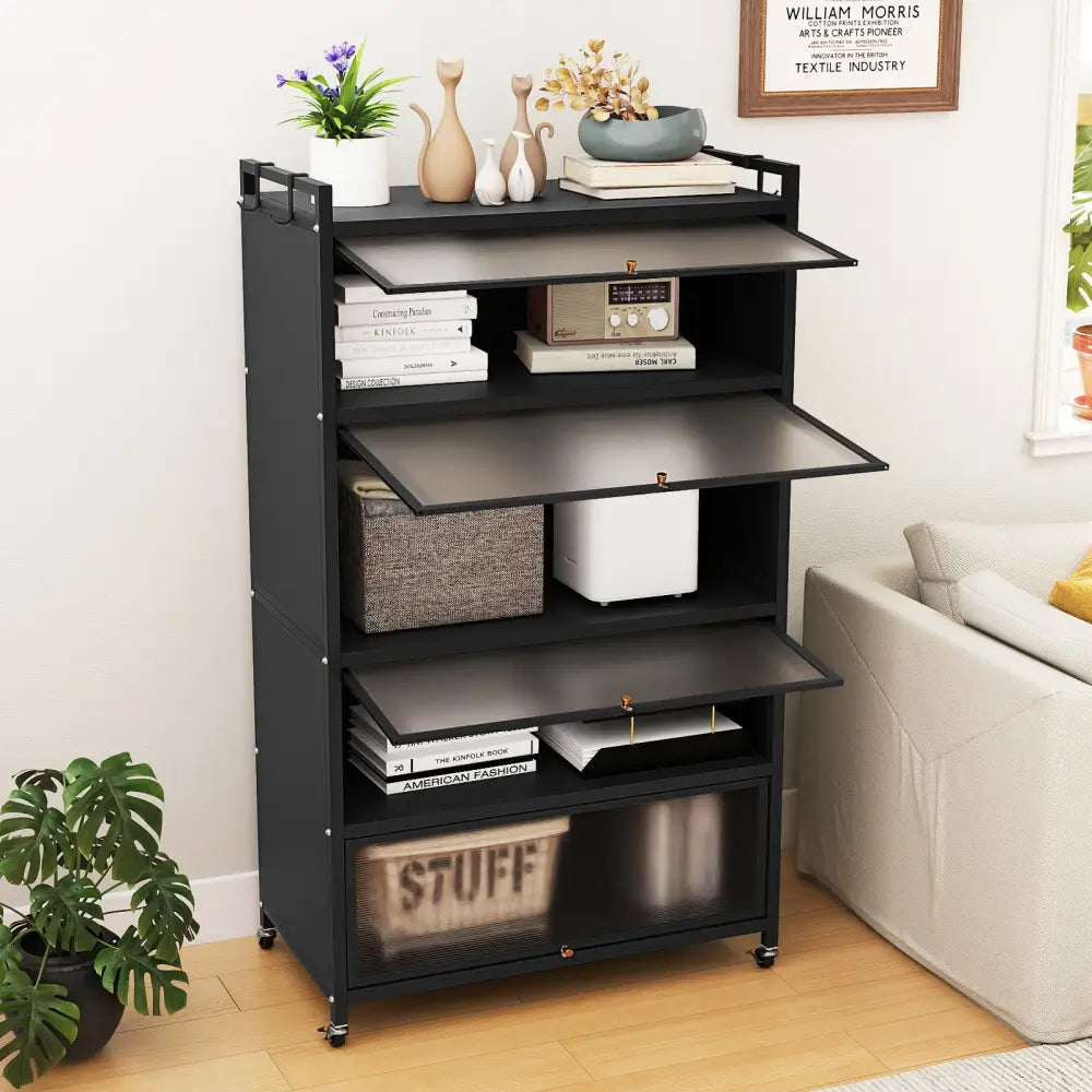 5-Tier Kitchen Storage Cabinet with 4 Flip-up Doors-Black - Black - Sideboards Cabinets & Buffets