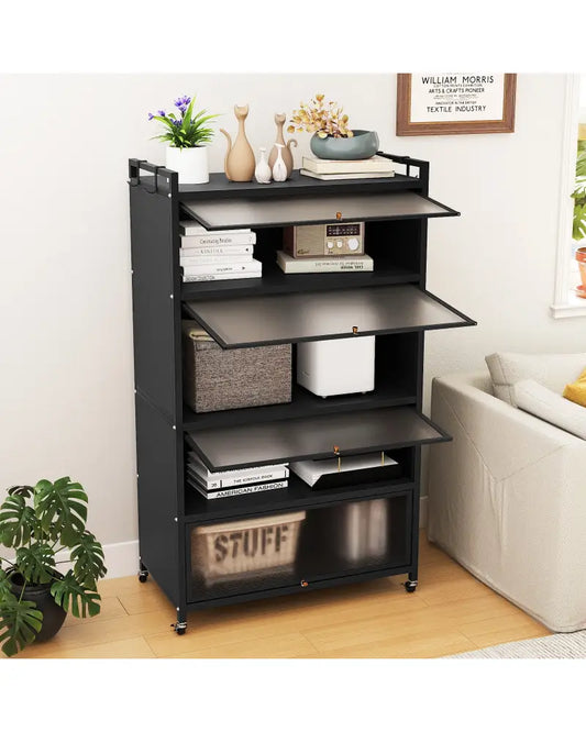 5-Tier Kitchen Storage Cabinet with 4 Flip-up Doors-Black - Black - Sideboards Cabinets & Buffets