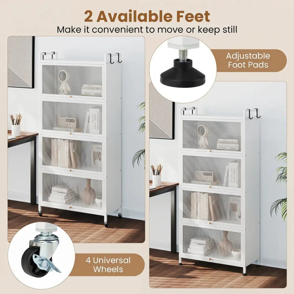 5-Tier Kitchen Storage Cabinet with 4 Flip-up PC Doors Adjustable Feet and Rolling Wheels-White - White - Sideboards