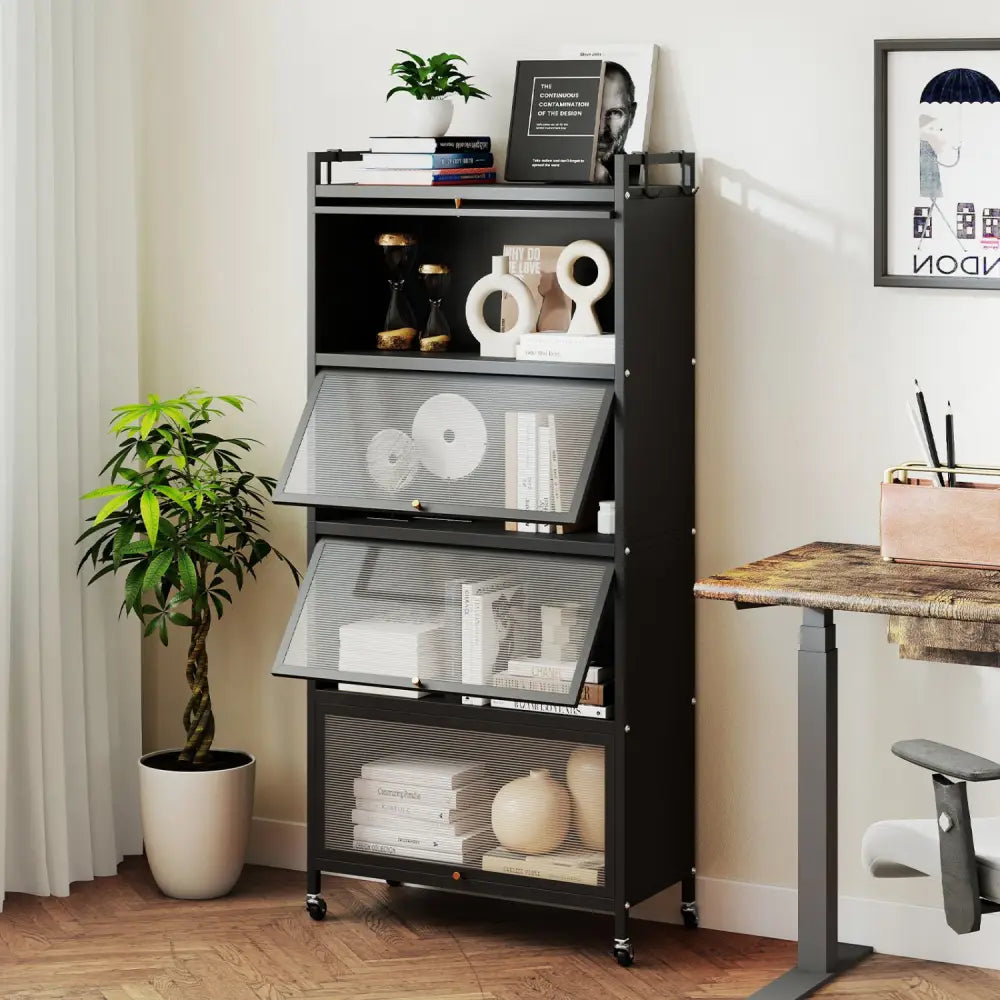5-Tier Kitchen Storage Cabinet with 4 Flip-up PC Doors Adjustable Feet and Rolling Wheels-Black - Black - Sideboards