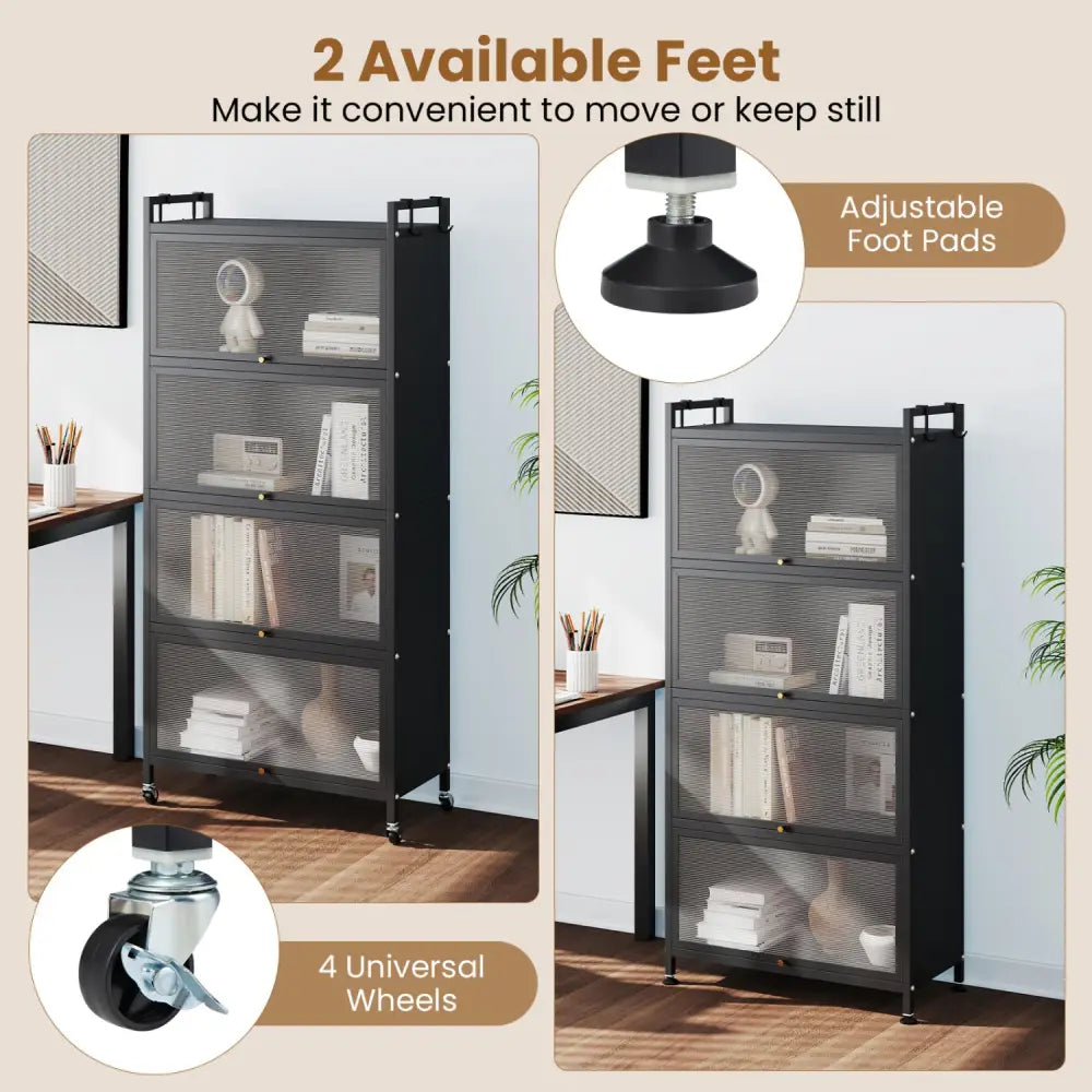 5-Tier Kitchen Storage Cabinet with 4 Flip-up PC Doors Adjustable Feet and Rolling Wheels-Black - Black - Sideboards
