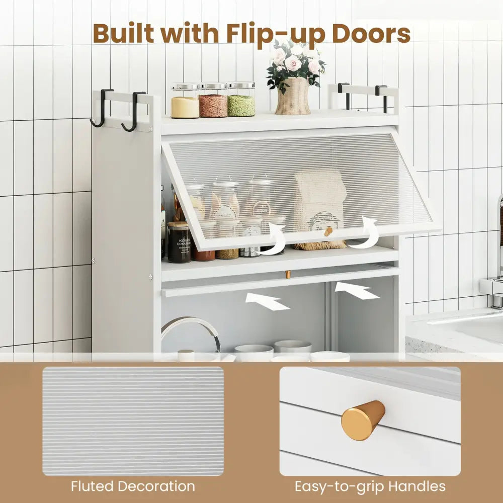 5-Tier Kitchen Storage Cabinet with 4 Flip-up PC Doors Adjustable Feet and Rolling Wheels-White - White - Sideboards