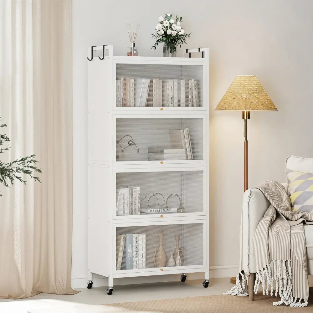 5-Tier Kitchen Storage Cabinet with 4 Flip-up PC Doors Adjustable Feet and Rolling Wheels-White - White - Sideboards