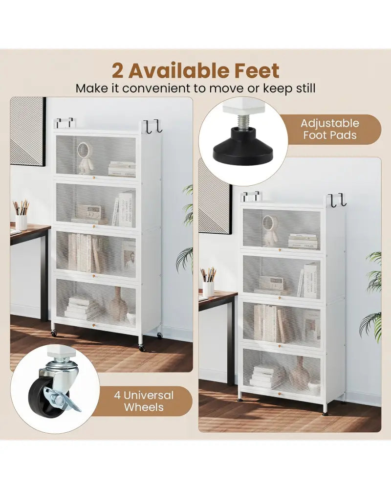 5-Tier Kitchen Storage Cabinet with 4 Flip-up PC Doors Adjustable Feet and Rolling Wheels-White - White - Sideboards