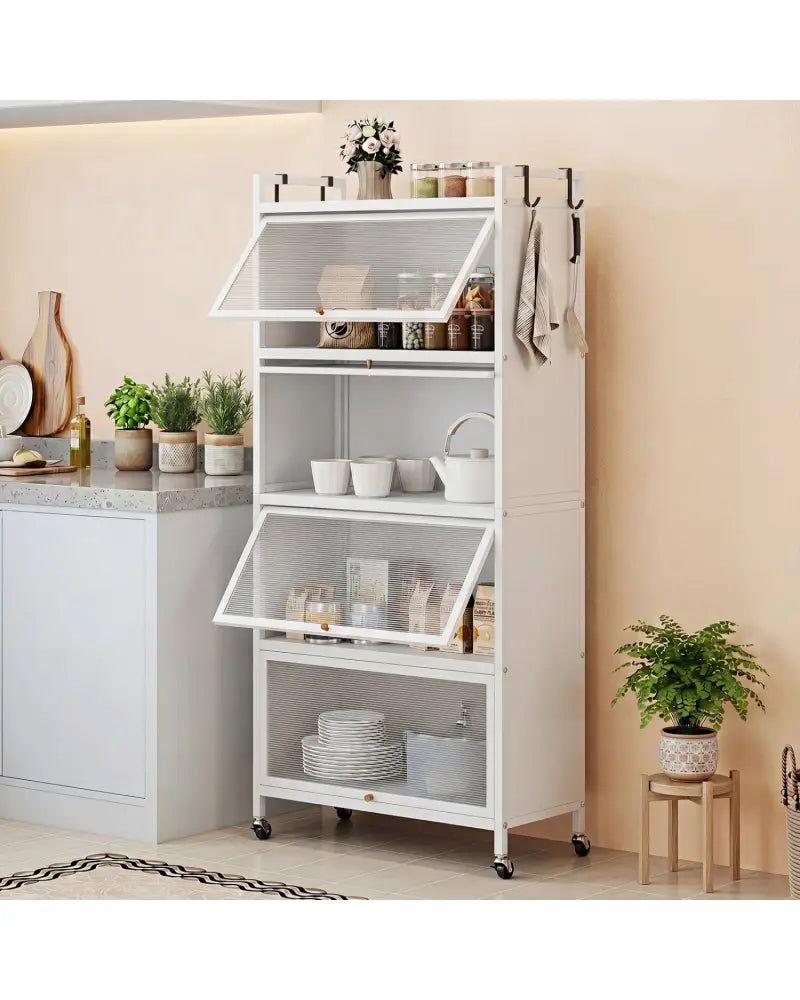 5-Tier Kitchen Storage Cabinet with 4 Flip-up PC Doors Adjustable Feet and Rolling Wheels-White - White - Sideboards