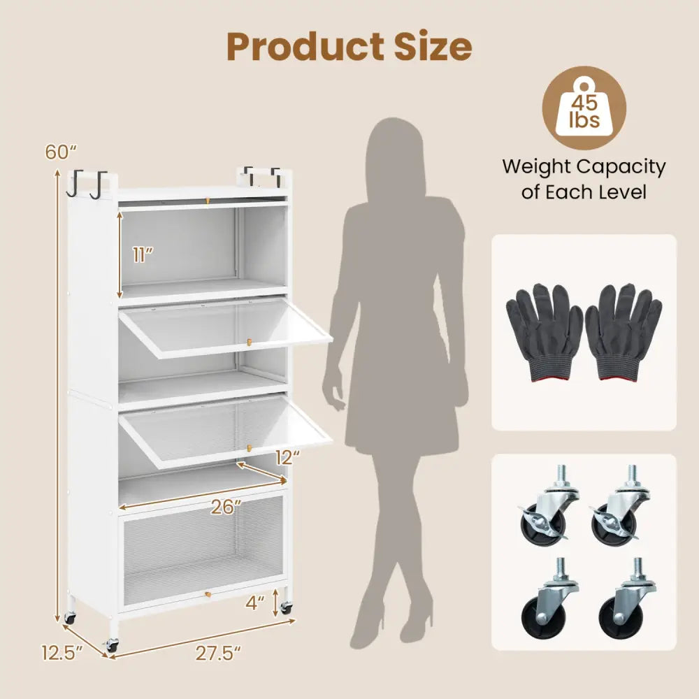 5-Tier Kitchen Storage Cabinet with 4 Flip-up PC Doors Adjustable Feet and Rolling Wheels-White - White - Sideboards