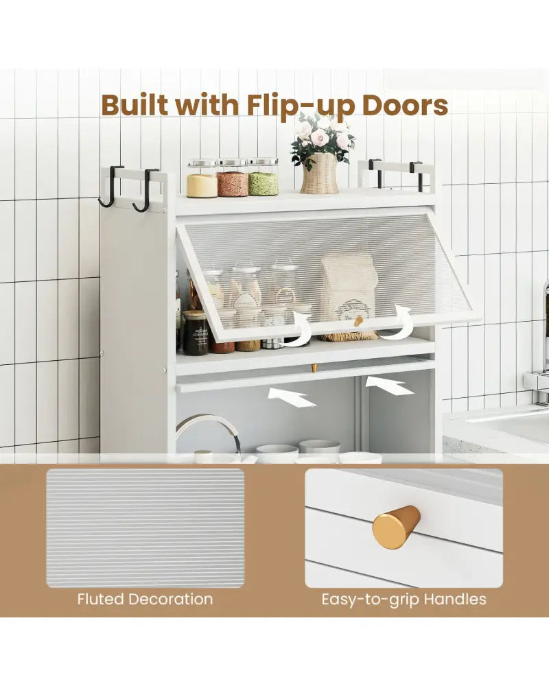 5-Tier Kitchen Storage Cabinet with 4 Flip-up PC Doors Adjustable Feet and Rolling Wheels-White - White - Sideboards