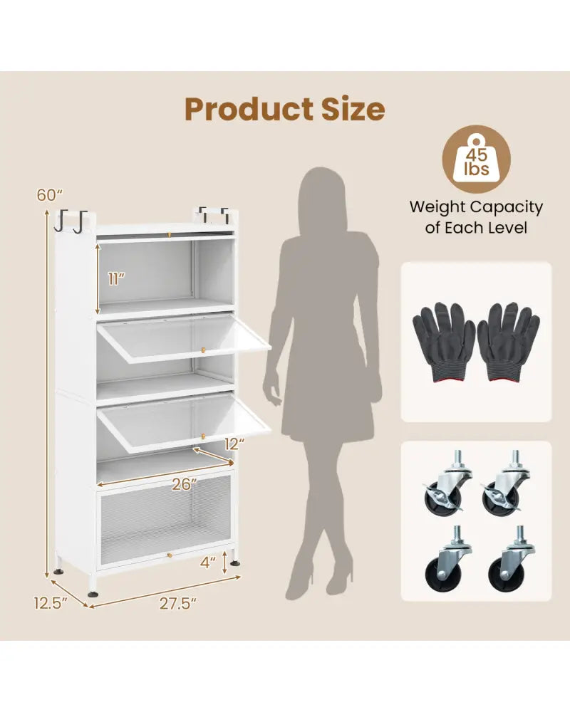 5-Tier Kitchen Storage Cabinet with 4 Flip-up PC Doors Adjustable Feet and Rolling Wheels-White - White - Sideboards