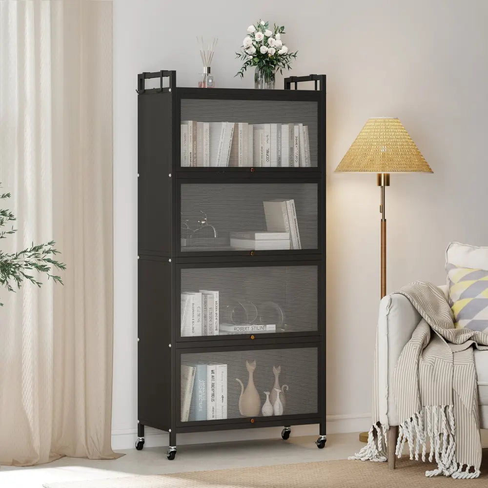 5-Tier Kitchen Storage Cabinet with 4 Flip-up PC Doors Adjustable Feet and Rolling Wheels-Black - Black - Sideboards