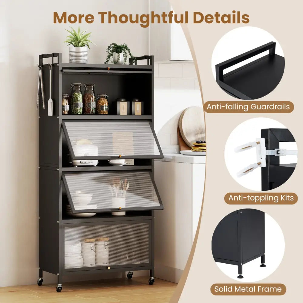 5-Tier Kitchen Storage Cabinet with 4 Flip-up PC Doors Adjustable Feet and Rolling Wheels-Black - Black - Sideboards