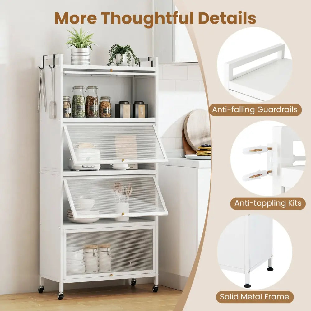 5-Tier Kitchen Storage Cabinet with 4 Flip-up PC Doors Adjustable Feet and Rolling Wheels-White - White - Sideboards
