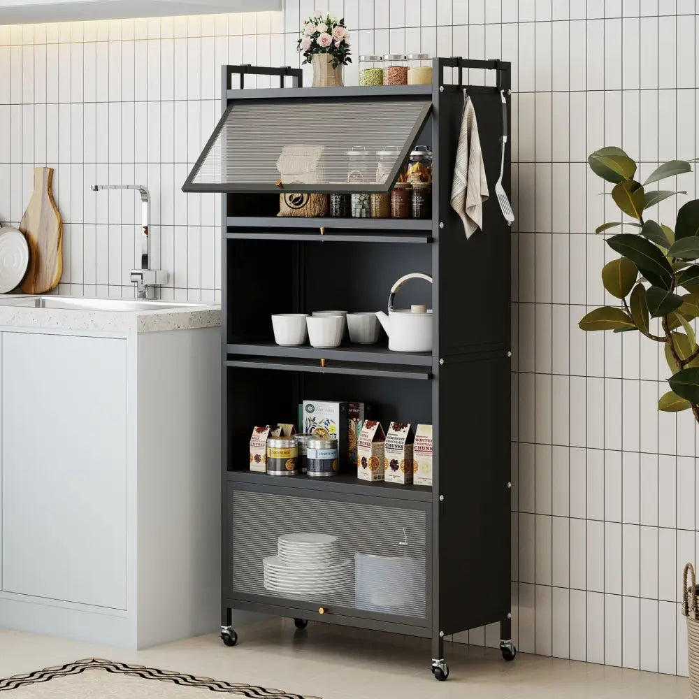 5-Tier Kitchen Storage Cabinet with 4 Flip-up PC Doors Adjustable Feet and Rolling Wheels-Black - Black - Sideboards