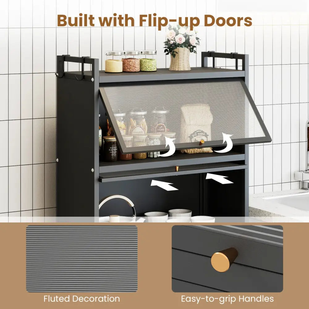 5-Tier Kitchen Storage Cabinet with 4 Flip-up PC Doors Adjustable Feet and Rolling Wheels-Black - Black - Sideboards