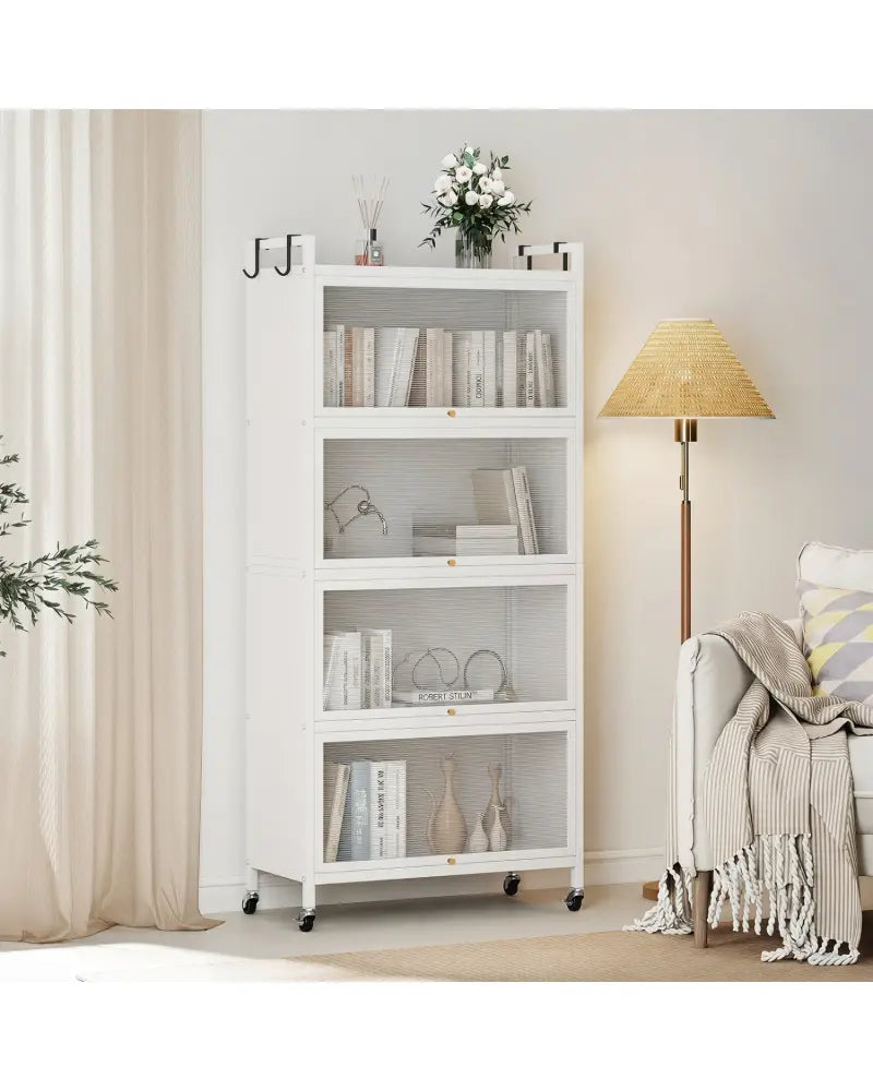 5-Tier Kitchen Storage Cabinet with 4 Flip-up PC Doors Adjustable Feet and Rolling Wheels-White - White - Sideboards