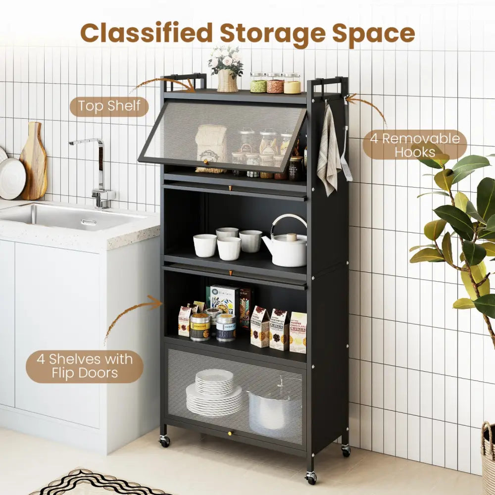 5-Tier Kitchen Storage Cabinet with 4 Flip-up PC Doors Adjustable Feet and Rolling Wheels-Black - Black - Sideboards