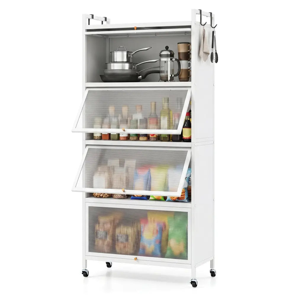 5-Tier Kitchen Storage Cabinet with 4 Flip-up PC Doors Adjustable Feet and Rolling Wheels-White - White - Sideboards