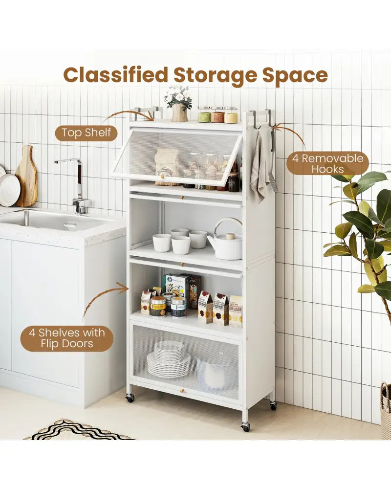 5-Tier Kitchen Storage Cabinet with 4 Flip-up PC Doors Adjustable Feet and Rolling Wheels-White - White - Sideboards