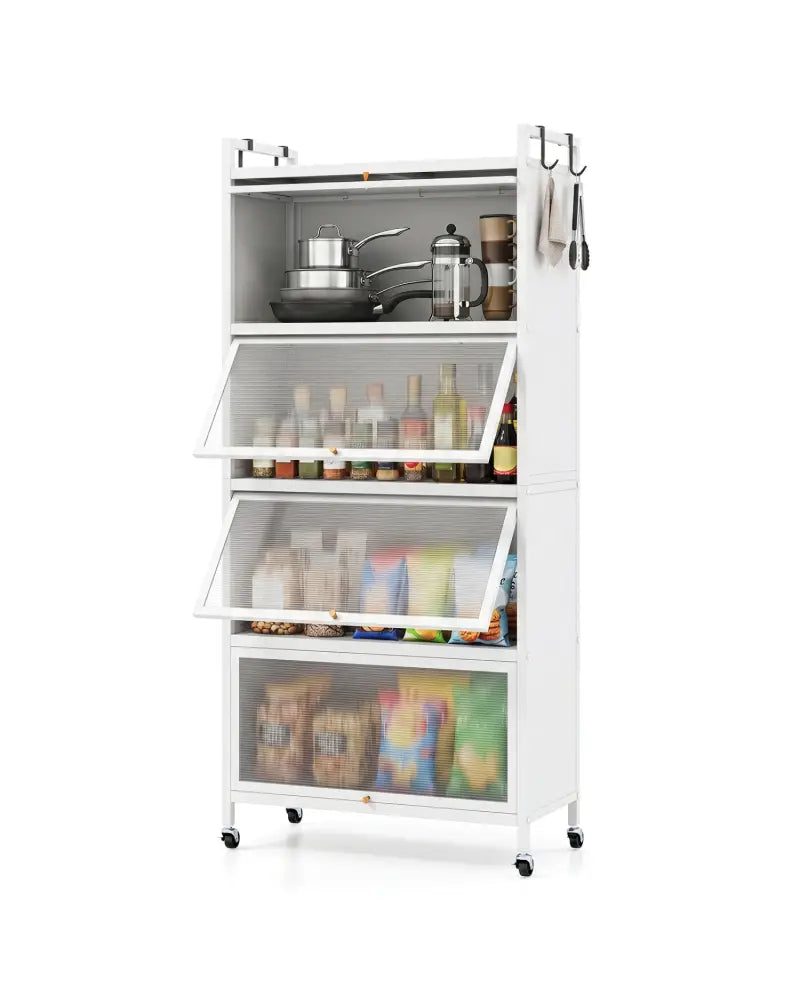 5-Tier Kitchen Storage Cabinet with 4 Flip-up PC Doors Adjustable Feet and Rolling Wheels-White - White - Sideboards