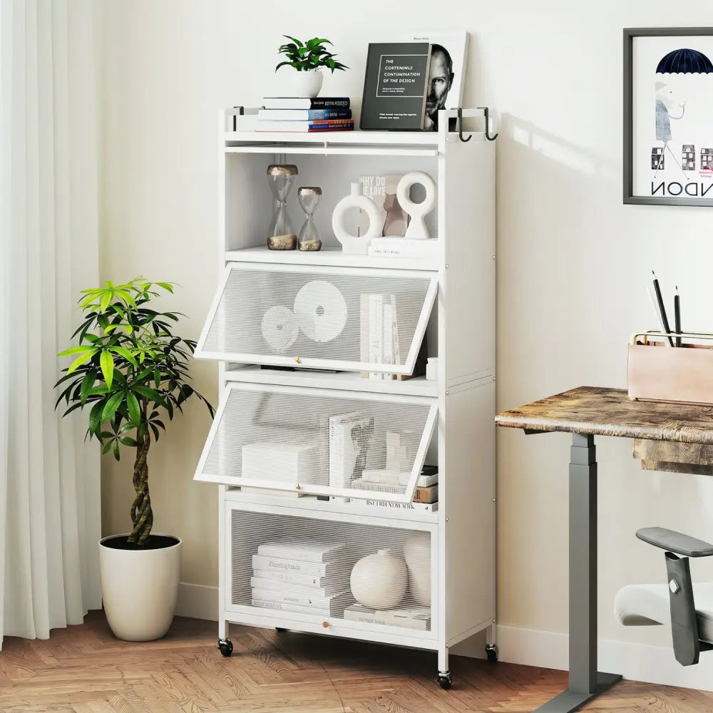 5-Tier Kitchen Storage Cabinet with 4 Flip-up PC Doors Adjustable Feet and Rolling Wheels-White - White - Sideboards