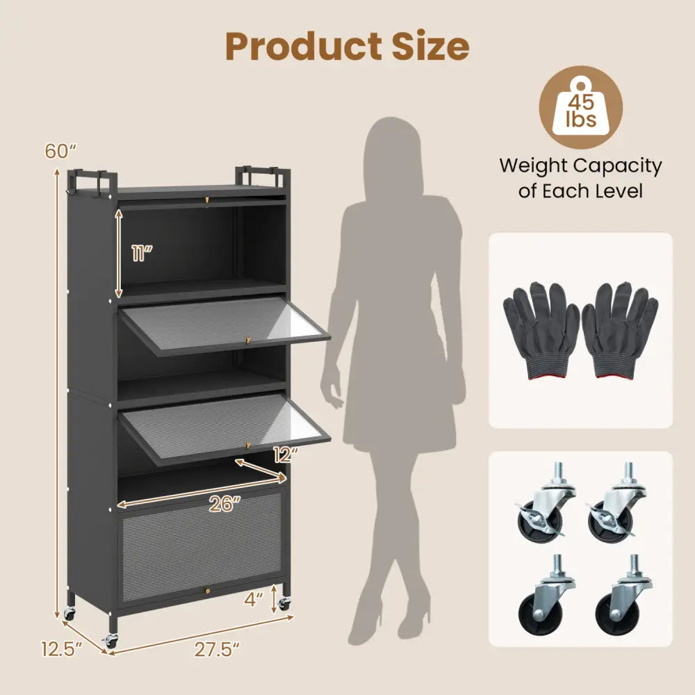 5-Tier Kitchen Storage Cabinet with 4 Flip-up PC Doors Adjustable Feet and Rolling Wheels-Black - Black - Sideboards