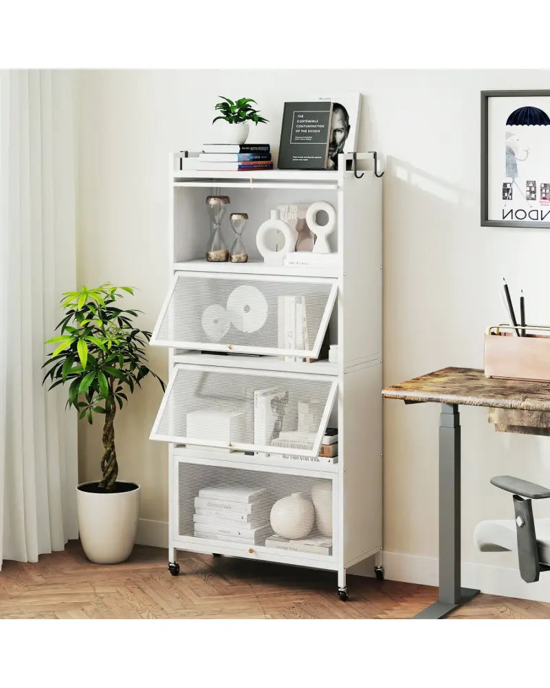 5-Tier Kitchen Storage Cabinet with 4 Flip-up PC Doors Adjustable Feet and Rolling Wheels-White - White - Sideboards