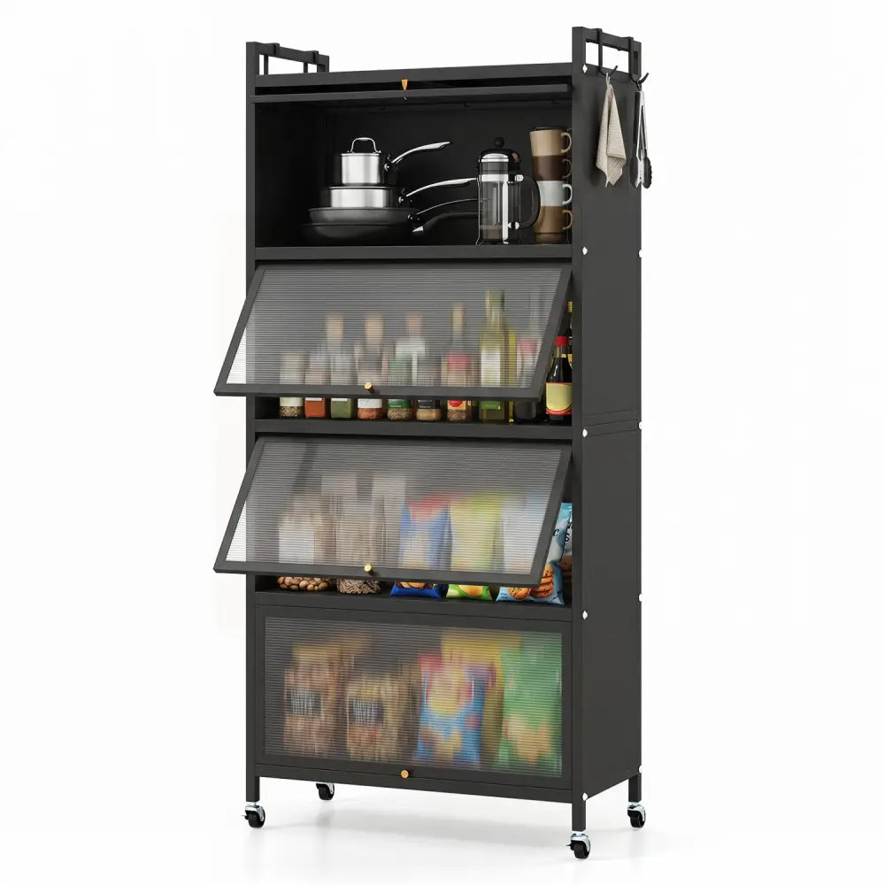 5-Tier Kitchen Storage Cabinet with 4 Flip-up PC Doors Adjustable Feet and Rolling Wheels-Black - Black - Sideboards