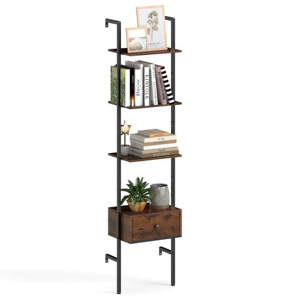 5-Tier Ladder Bookcase with Drawer and Metal Frame for Study Home Office-Rustic Brown - Rustic Brown - Bookcases