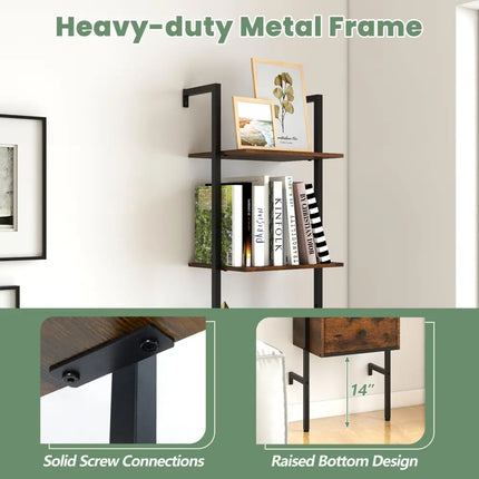 5-Tier Ladder Bookcase with Drawer and Metal Frame for Study Home Office-Rustic Brown - Rustic Brown - Bookcases