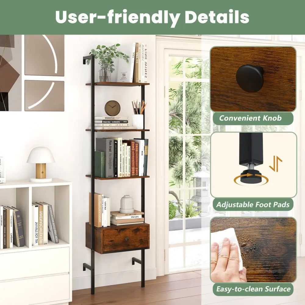 5-Tier Ladder Bookcase with Drawer and Metal Frame for Study Home Office-Rustic Brown - Rustic Brown - Bookcases