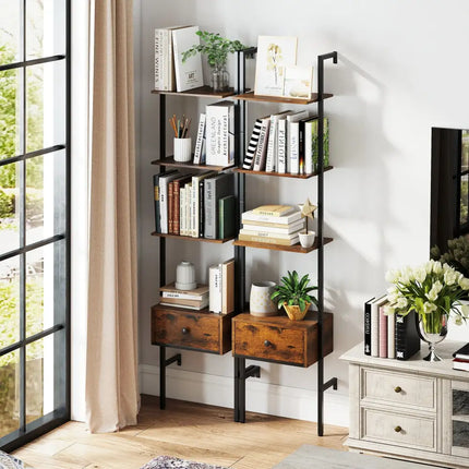 5-Tier Ladder Bookcase with Drawer and Metal Frame for Study Home Office-Rustic Brown - Rustic Brown - Bookcases