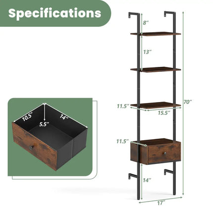 5-Tier Ladder Bookcase with Drawer and Metal Frame for Study Home Office-Rustic Brown - Rustic Brown - Bookcases
