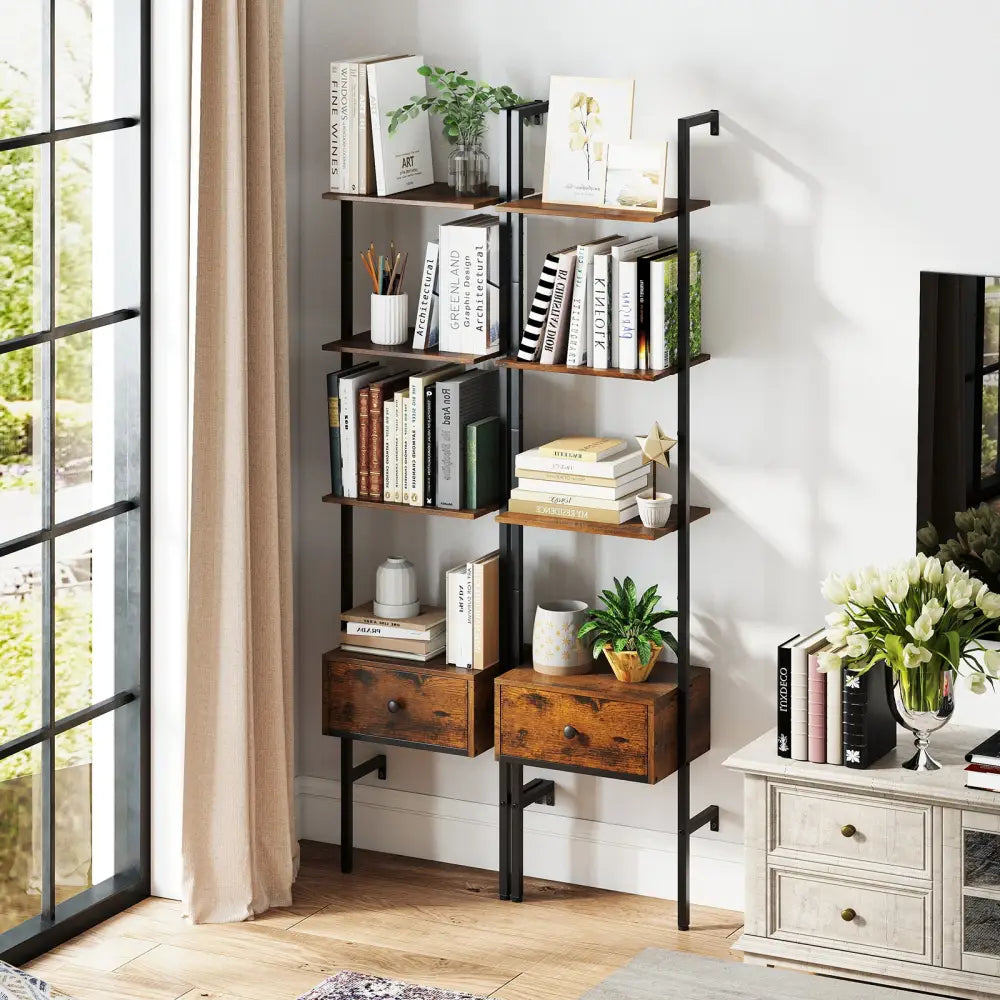 5-Tier Ladder Bookcase with Drawer and Metal Frame for Study Home Office-Rustic Brown - Rustic Brown - Bookcases