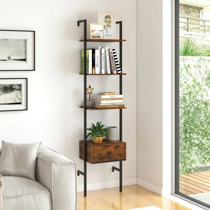 5-Tier Ladder Bookcase with Drawer and Metal Frame for Study Home Office-Rustic Brown - Rustic Brown - Bookcases